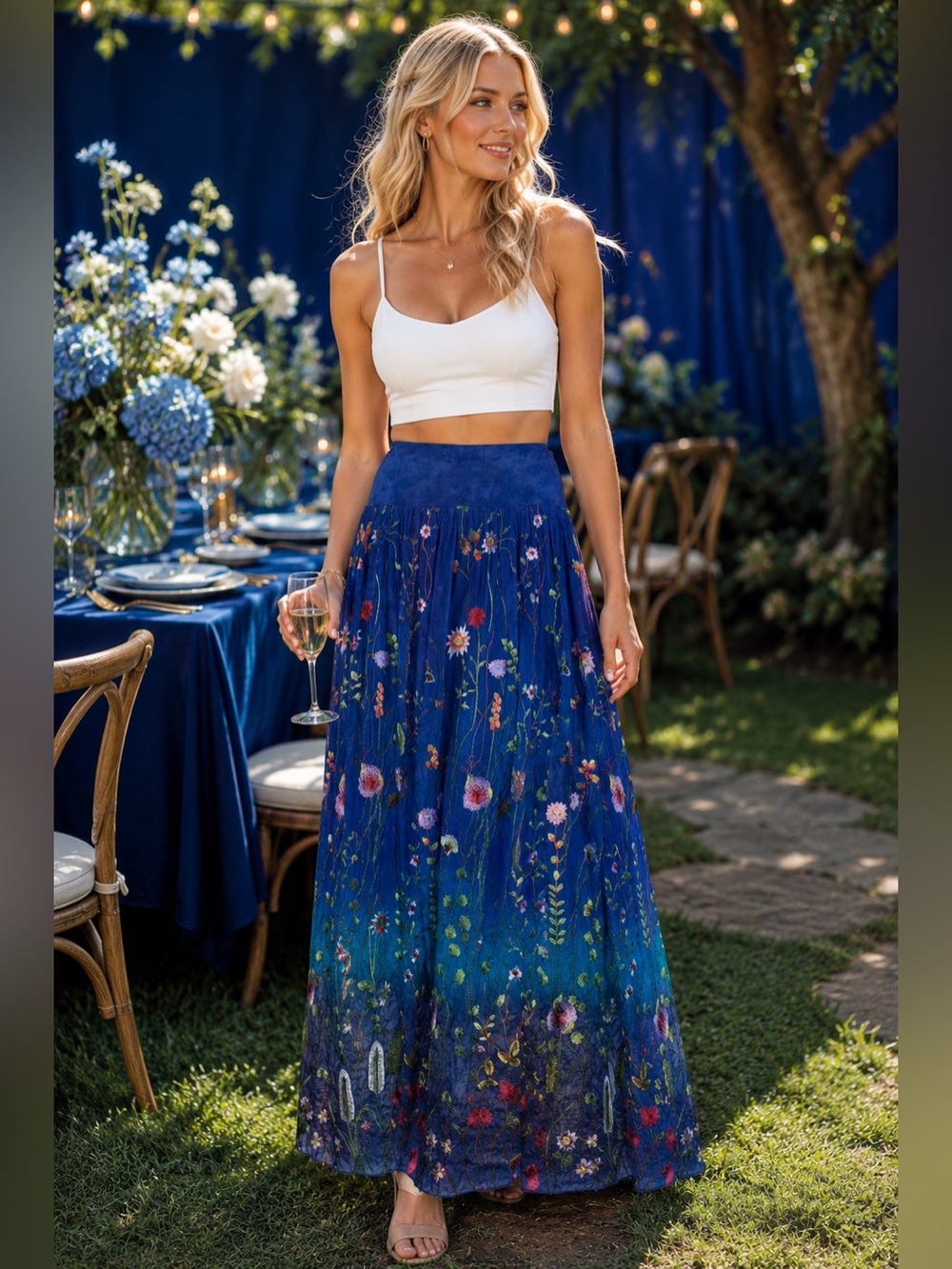 Wearable Art Hand Dyed Ombre Blue Embroidered Floral Maxi Skirt Boho gorgeous!